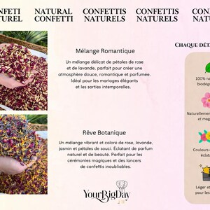 May include: The image showcases natural confetti blends, including a romantic mix of rose and lavender petals, and a botanical blend with rose, lavender, jasmine, and marigold petals. The text highlights the confetti's natural and biodegradable qualities.
