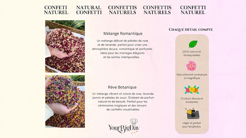 May include: The image showcases natural confetti blends, including a romantic mix of rose and lavender petals, and a botanical blend with rose, lavender, jasmine, and marigold petals. The text highlights the confetti's natural and biodegradable qualities.