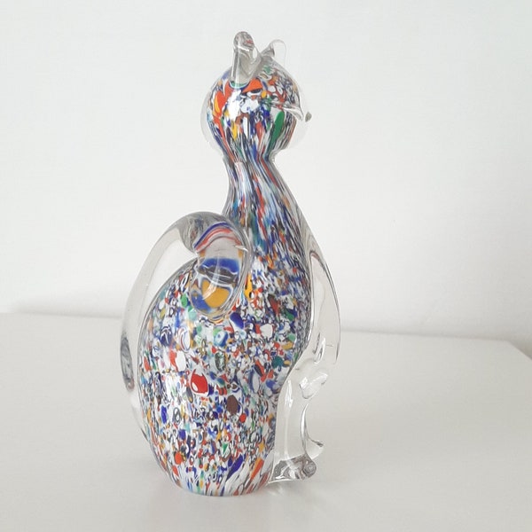 Sculpture chat en verre de Murano, verre immergé, vintage. H 15 cm.