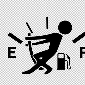 Pode incluir: Gráfico preto e branco de um medidor de combustível com uma pessoa lutando para encher um tanque de gasolina. O medidor mostra "E" e "F" para vazio e cheio. A pessoa puxa a mangueira de combustível.