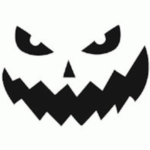 May include: A black jack-o'-lantern face with a jagged mouth, triangular nose, and angled eyes. The design is a simple, bold graphic, perfect for Halloween decorations or crafts. The face is set against a plain white background.