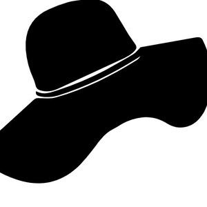 May include: A black sun hat with a wide brim and a white band around the crown. The hat is rendered in a simple, graphic style, suitable for beach or outdoor wear. The hat's silhouette is against a white background.