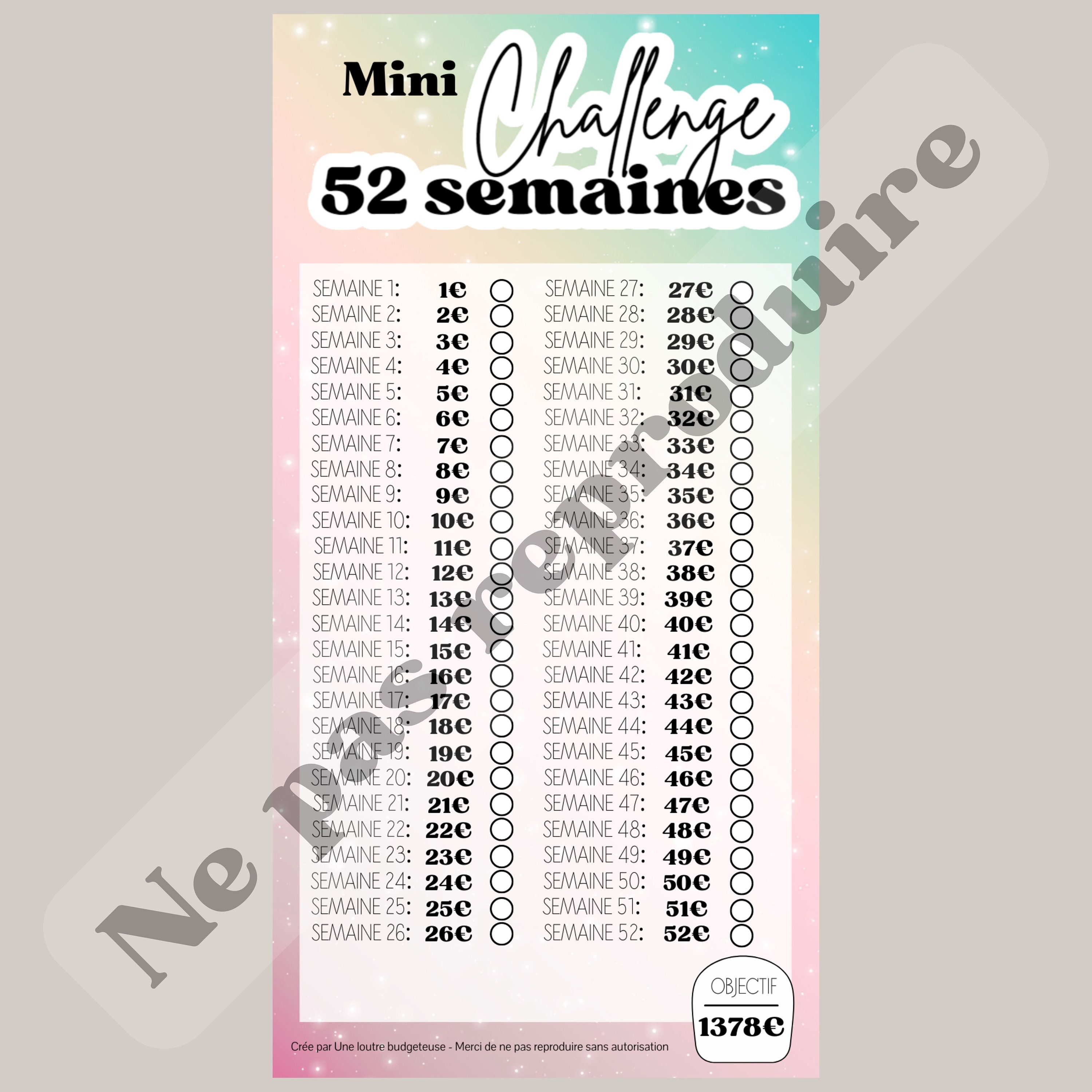 Mini Challenge A6 52 semaines défi enveloppes budget // Epargne 1378 euros  Thème UNICORNE -  France