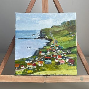Colorful Coastal Village Landscape – Original Mini Oil Painting on Canvas, Seaside Wall Art, Scandinavian Coastal Decor