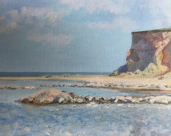 Pintura al óleo original: Acantilado costero y paisaje marino con rocas. Arte paisajístico impresionista sobre lienzo.