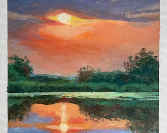 Original Ölgemälde von Sonnenuntergang über See | Landschaft Wandkunst | Natur Reflection Leinwand