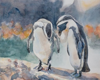 Penguins, Original Watercolor Painting