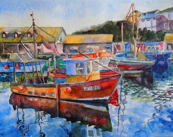 Mevagissey vissersboten, Originele aquarel schilderij, Zuid-oosten van Cornwall, Boot pier, Boten, Een wark van de kunst, Aquarel schilderij