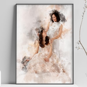 Custom Bride and Mother Portrait, Mother and Daughter Watercolor Drawing, Mother of Bride wedding gift, Portrait art mother of bride