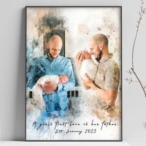 Watercolor Personalized Dad Gift from photo, Father&#39;s Day Gift for New Dad, Custom Family Portrait Drawing, Gift for Husband, Dad  Art Print