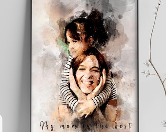 Custom Mother Daughter Gift Portrait Art, Personalized Mother&#39;s Day Gift, Watercolor Birthday Present for Mom and wife, Anniversary gift