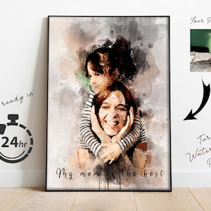Personalized mother and daughter watercolor portrait from photo, featuring soft brush textures and delicate details. Custom family artwork, perfect for Mother’s Day, birthday, or meaningful mom gift.