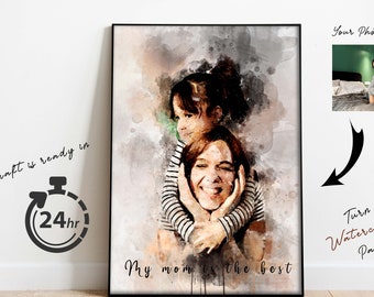 Mother and Daughter Custom Watercolor Portrait from Photo - Mother Daughter Gift for Her Mom -Stretched Canvas Personalized Mothers Day Gift