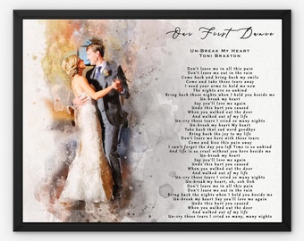 Puede incluir: Una pintura de acuarela de una pareja bailando en su recepción de boda. La pintura está sobre un fondo azul claro y rosa. La letra de la canción "Un-Break My Heart" de Toni Braxton está impresa en el lado derecho de la pintura.