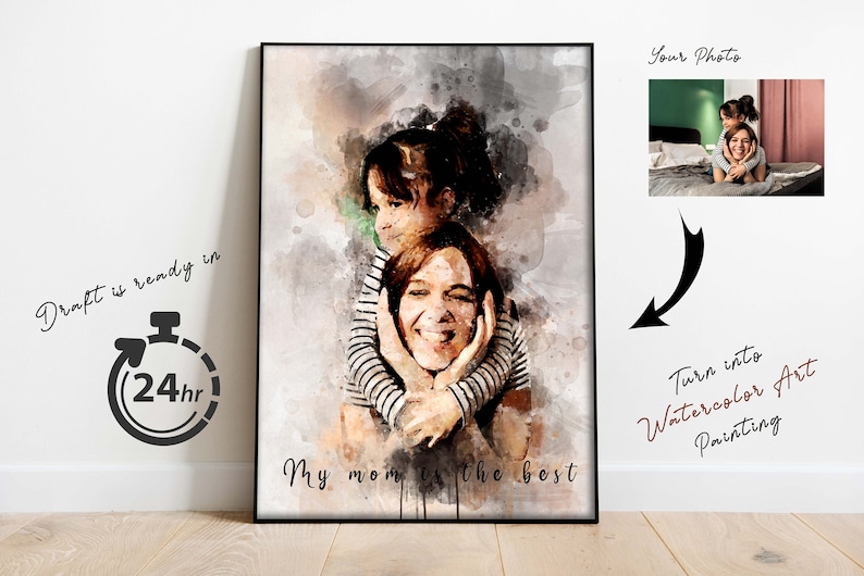 Personalized mother and daughter watercolor portrait from photo, featuring soft brush textures and delicate details. Custom family artwork, perfect for Mother’s Day, birthday, or meaningful mom gift.