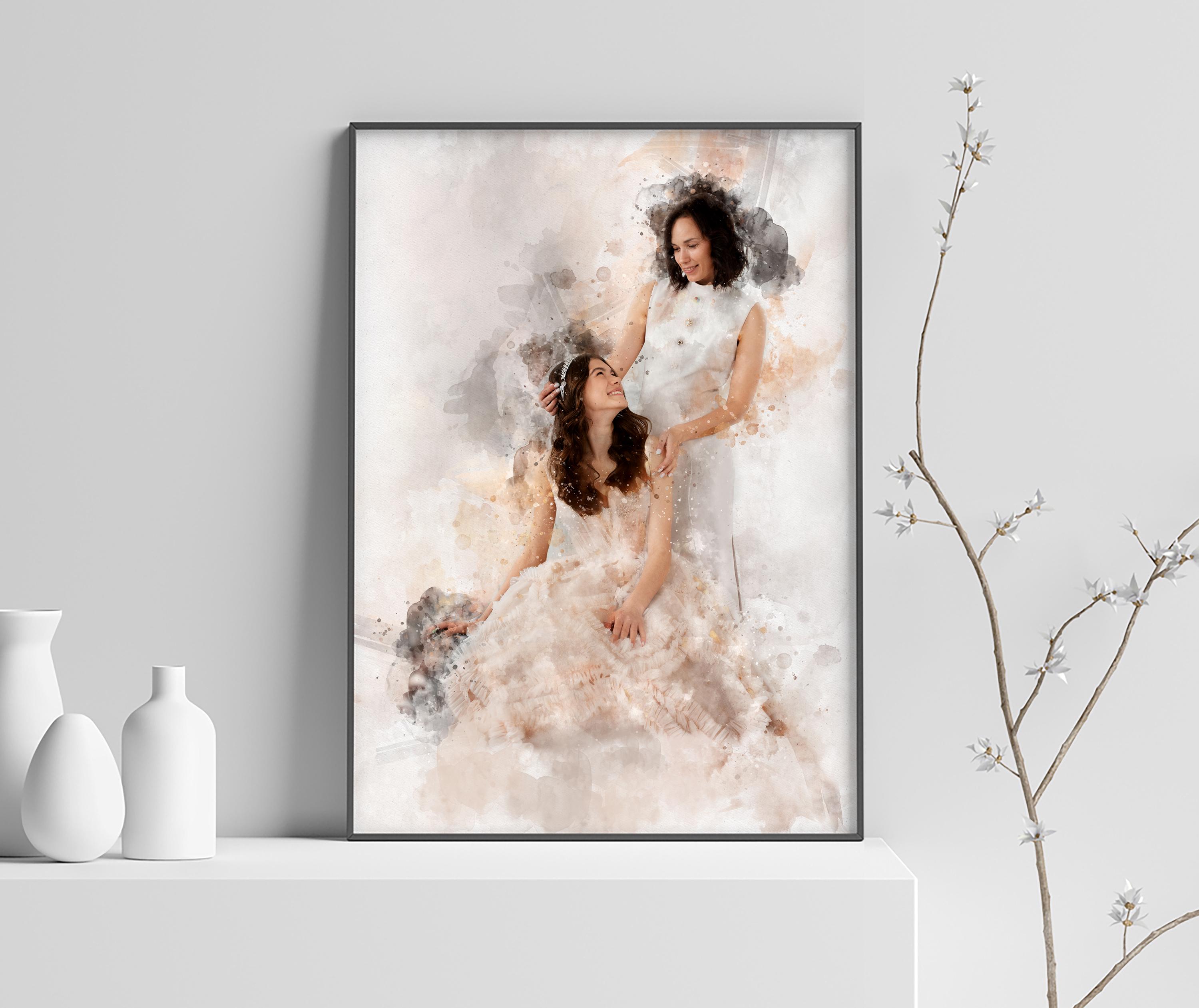 Custom Bride and Mother Portrait, Mother and Daughter Watercolor Drawing, Mother of Bride wedding gift, Portrait art mother of bride