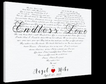 Wedding Song Lyrics, Heart Shaped Song Lyric, Canvas Wall Art, Custom Portrait, Wedding Anniversary Gift for Wife Husband Parents