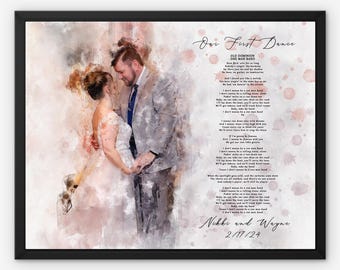 May include: A watercolor painting of a couple dancing at their wedding. The painting is in shades of pink and gray. The couple is dressed in formal attire. The lyrics to the song "Our First Dance" by Old Dominion are printed on the right side of the painting. The lyrics include the text "Nikki and Wayne 2/17/24".