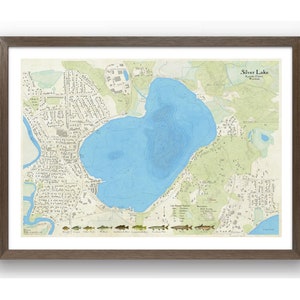 Lago Silver, Condado de Kenosha, Wisconsin. Hermosa obra de arte mural. Mapa con detalles de la profundidad del lago, presencia de peces, carreteras y lugares de interés de los alrededores. Arte de Wisconsin.