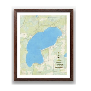 Lac de la pomme de terre blanche | Comté d'Oconto | Wisconsin | de style vintage | Profondeur du lac | Art de la carte | Carte de pêche | Chalet | Carte personnalisée | Northwoods