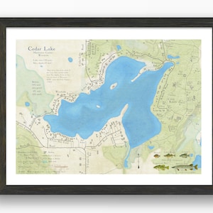 Cedar Lake Wisconsin (vicino a Kiel). Splendida arte murale. Mappa con profondità dettagliate del lago, pesci presenti, nomi delle strade e punti di riferimento. Estetica rustica.