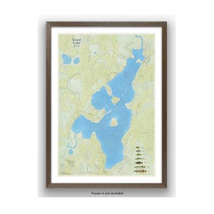 Island Lake, Contea di Iron, Wisconsin, vicino a Hurley. Splendida decorazione murale. Mappa con informazioni dettagliate sulla profondità del lago, pesci presenti, strade e punti di riferimento circostanti.