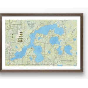 Mapa de Little Saint Germain, Wisconsin. Hermoso mural con detalles de la profundidad del lago y peces. Lagos St. Germain, Moon y Finley en el condado de Vilas, Wisconsin.