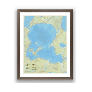 May include: A vintage-style map of Crawling Stone Lake, Minnesota, with a light blue lake and green land features. The map includes a key with different fish species and their sizes.