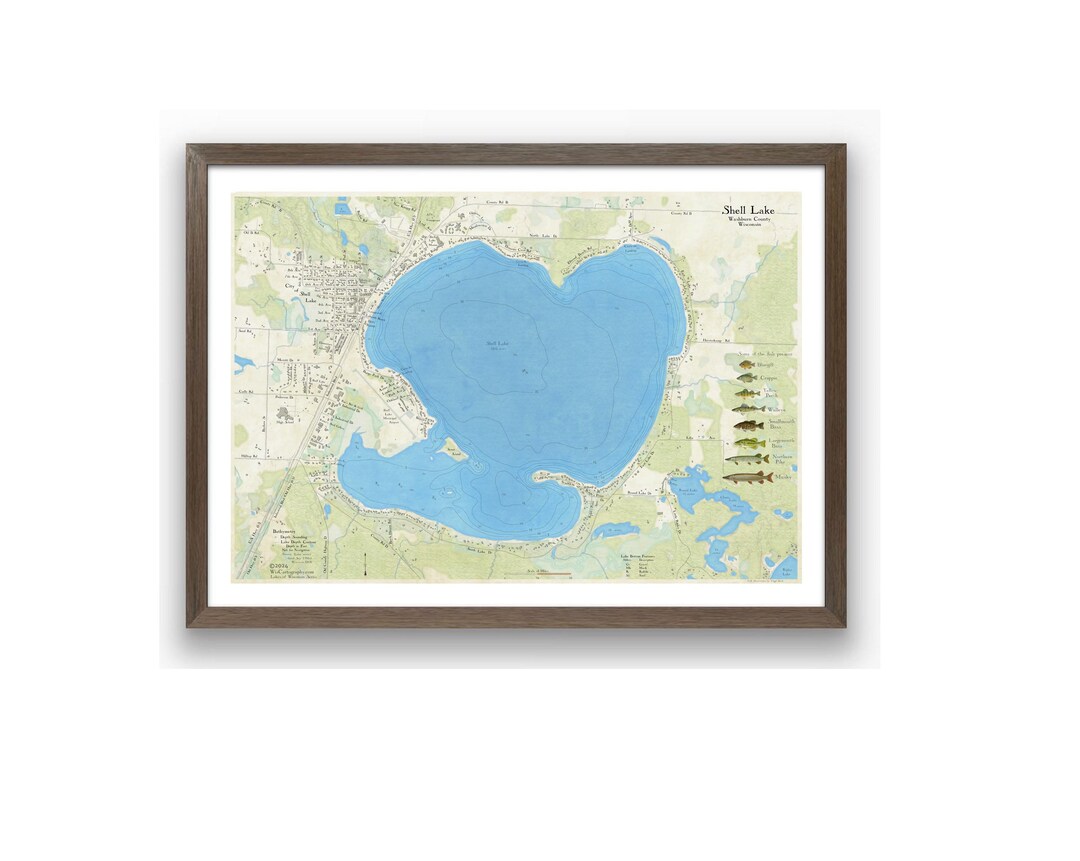 Shell Lake Wisconsin Map Art Print: Detailed Lake Depths, Fish Present ...