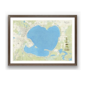 Lago Shell, condado de Washburn, Wisconsin. Hermosa obra de arte mural. Mapa con información detallada sobre la profundidad del lago, la presencia de peces, las carreteras y los lugares de interés de los alrededores. Arte de Wisconsin.