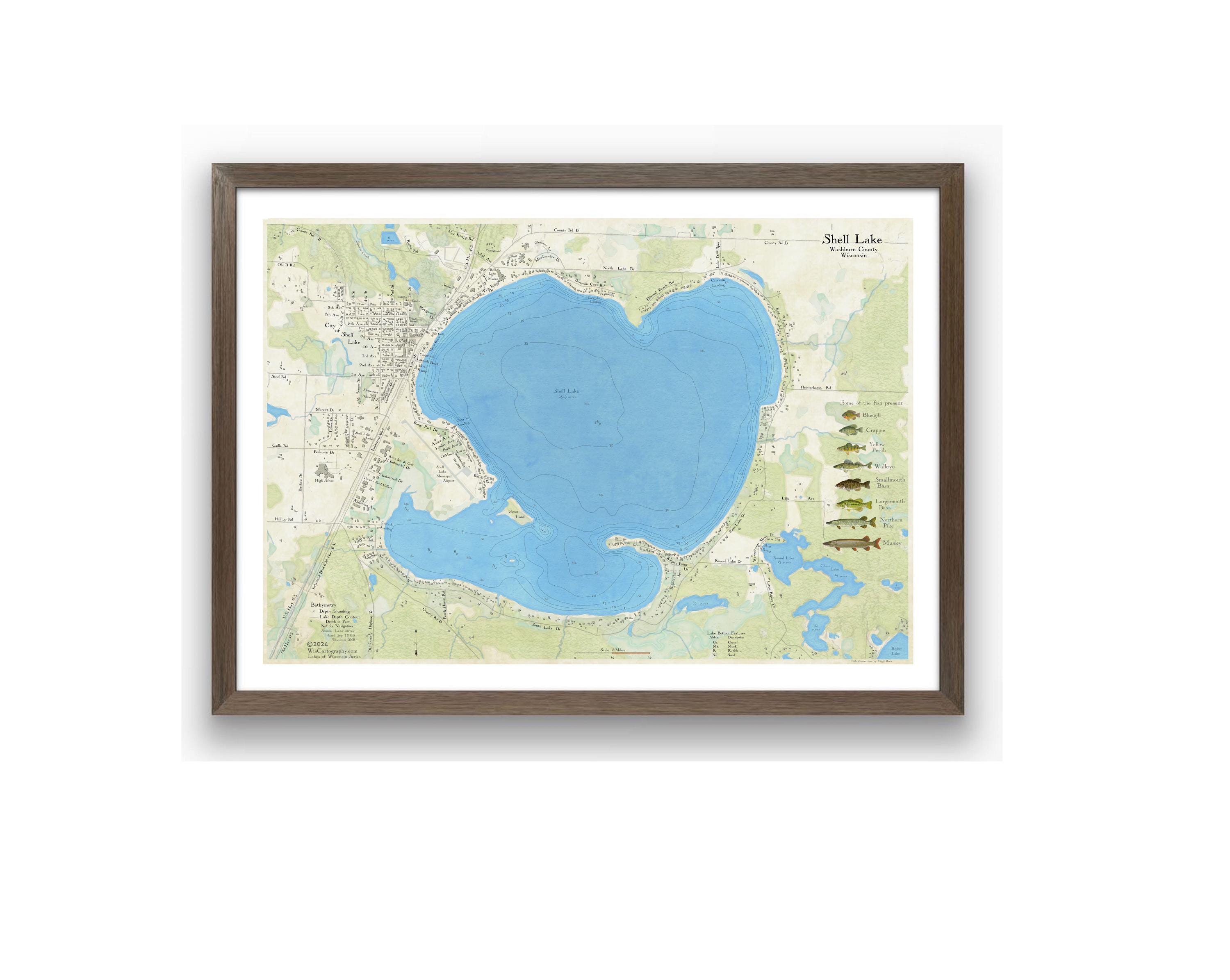 Shell Lake City Map Shell Lake Wisconsin Map Art Print: Detailed Lake Depths, Fish Present ...