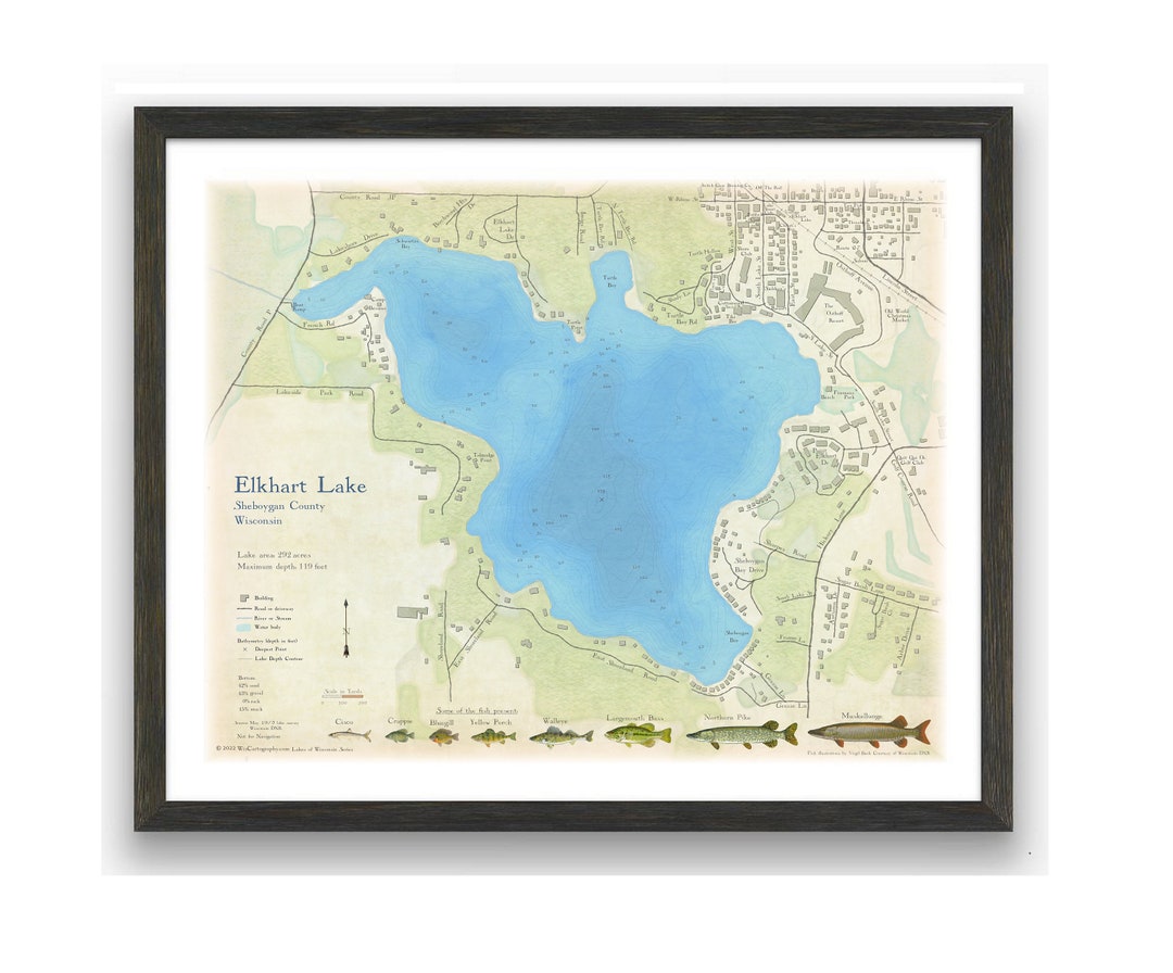 Elkhart Lake Map Art: Wisconsin Lake Depth Chart, Vintage Style - Etsy
