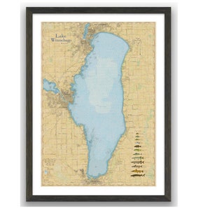 Carte du lac Winnebago, Wisconsin. Art mural. Carte de pêche avec profondeur. Tableau de style rustique/vintage. Appleton Neenah Menasha Oshkosh Fond du lac WI