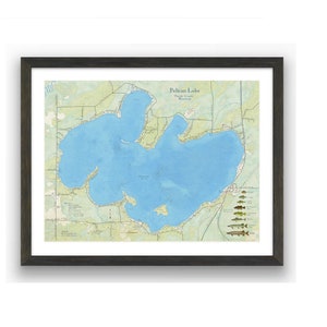 Mappa del lago Pelican WI. Splendida e dettagliata decorazione murale che mostra le profondità del lago, i pesci presenti, i punti di riferimento circostanti. Crandon Wisconsin