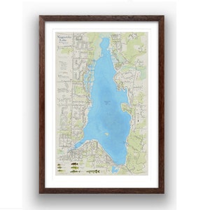 Lac Nagawicka | Waukesha | Delafield | Nashotah | Wisconsin | de style vintage | Profondeur du lac | Art de la carte | Carte de pêche | Chalet | Carte personnalisée