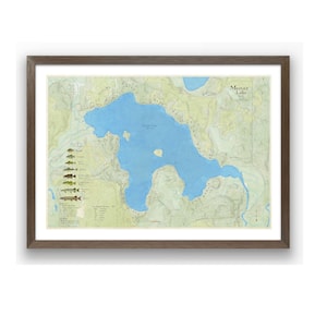Lac Mercer | Comté d'Oneida | Wisconsin | de style vintage | Profondeur du lac | Art de la carte | Pêche | Chalet | Aspérule | Minocqua | Northwoods