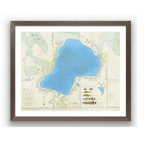 Lago Wilke, Wisconsin. Hermoso cuadro mural. Mapa rústico con profundidades detalladas del lago, presencia de peces, nombres de caminos y puntos de referencia de los alrededores. Kiel, Wisconsin