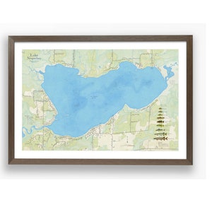Carte du lac Noquebay WI. Belle oeuvre d'art murale détaillée avec de la profondeur, des poissons et des monuments environnants. Crivitz, comté de Marinette, Wisconsin