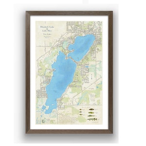 Mapa de los lagos Mary y Elizabeth. Hermoso y detallado mural que muestra la profundidad del lago, la presencia de peces y los puntos de referencia de los alrededores. Twin Lakes, Wisconsin