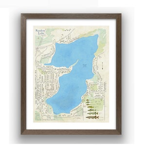 Lago Wisconsin al azar. Hermoso mural. Mapa con profundidades detalladas del lago, presencia de peces, caminos y lugares de interés de los alrededores. ¡Un regalo único!