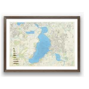 Lago Waubesa, McFarland, Condado de Dane, Wisconsin. Hermosa obra de arte mural. Mapa con información detallada sobre la profundidad del lago, la presencia de peces, las carreteras y los lugares de interés de los alrededores.