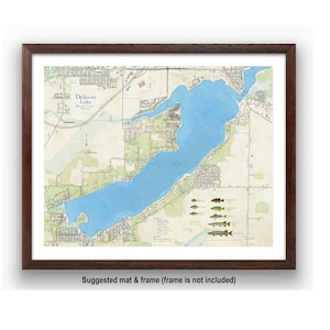 Delavan Lake, Wisconsin Vintage Style Map Art: Walworth County