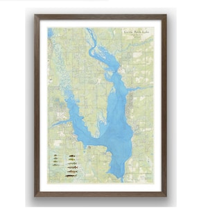 Carte du lac Castle Rock, WI. Belle oeuvre d'art murale détaillée avec contours de profondeur, poisson présent, points de repère. Comtés d'Adams et de Juneau, rivière Wisconsin