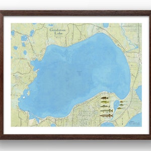Lac Grindstone | Comté de Sawyer | Wisconsin | Lac Courte Oreilles | de style vintage | Profondeur du lac | Art de la carte | Carte de pêche | Chalet | Cadeau