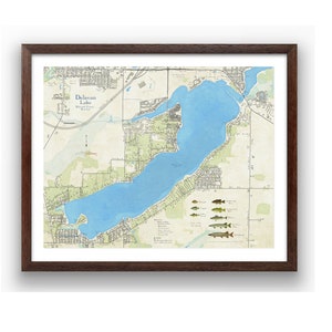 Delavan Lake | Walworth County | Wisconsin | Kaart vintage stijl | Diepte meer | Muurkunst | Viskaart | Huisje | Aangepaste kaartkunst | Lake House