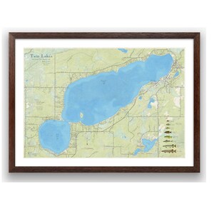 Mappa di Twin Lakes WI a Phelps, nella contea di Vilas, Wisconsin. Splendida e dettagliata decorazione murale che mostra profondità, pesci presenti e punti di riferimento circostanti.