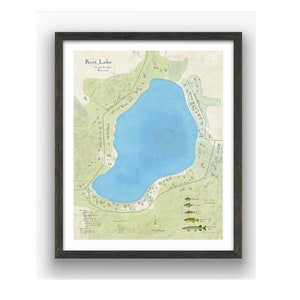 Lac de Rost | Comté d'Oconto | Coleman | Livre | Wisconsin | de style vintage | Profondeur du lac | Art de la carte | Carte de pêche | Chalet | Carte | Cadeau