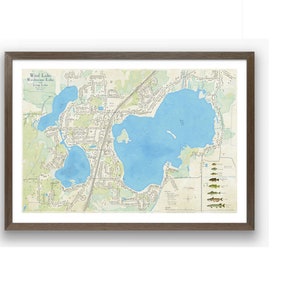 Mapa de Wind & Waubeesee Lake, Wisconsin. Hermoso y detallado mural que muestra la profundidad, los peces y los puntos de referencia de los alrededores. Muskego, Racine, Wisconsin