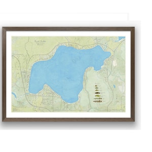 Lago perdido en el condado de Vilas, Wisconsin. Hermoso arte mural. Mapa con profundidades del lago detalladas, presencia de peces, nombres de caminos y puntos de referencia. Arte de pesca en el lago de Wisconsin