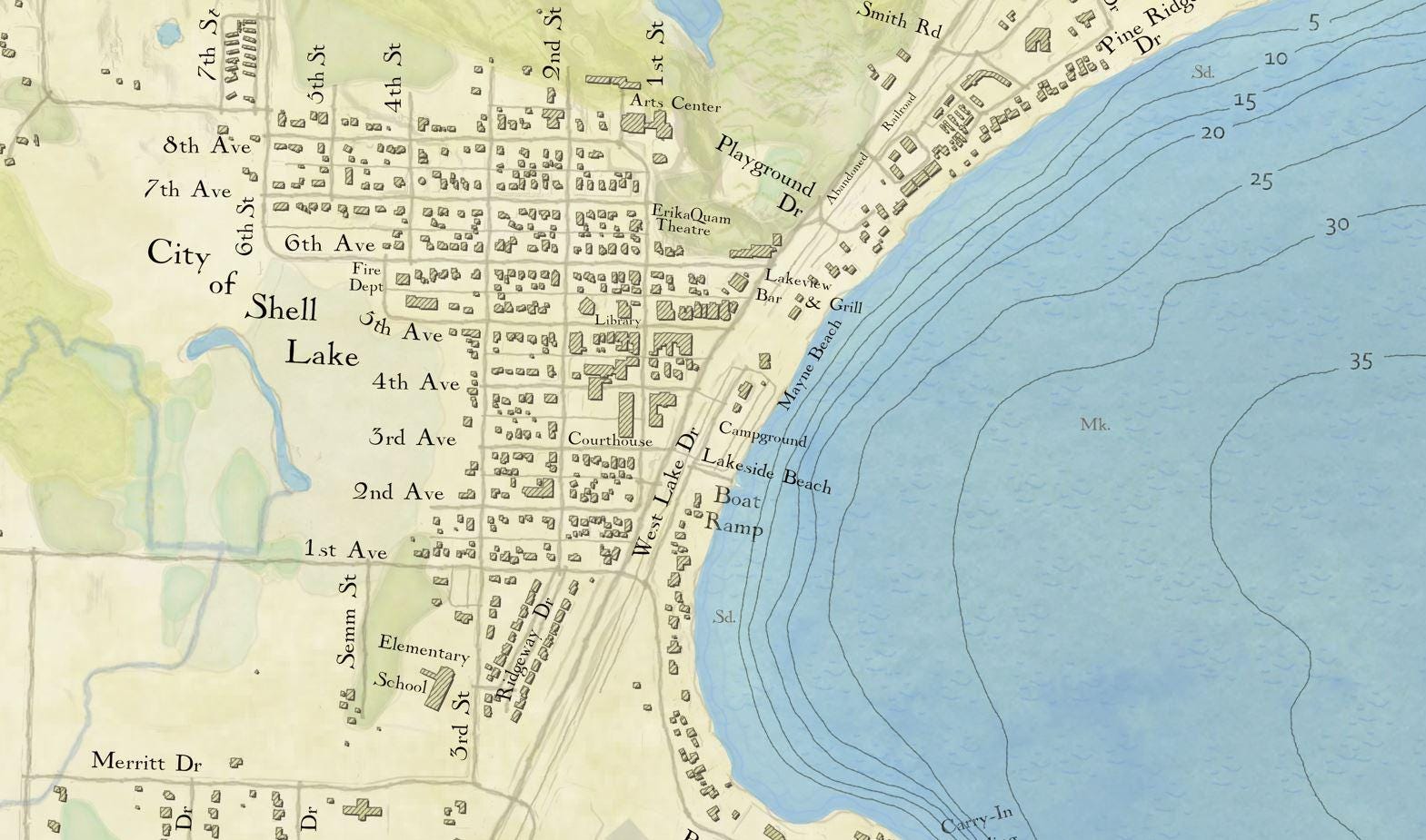 Shell Lake Rural Map Shell Lake Wisconsin Map Art Print: Detailed Lake Depths, Fish Present ...